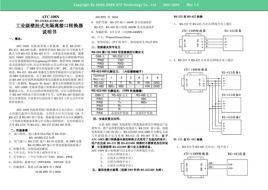 ATC-108N RS-232/ES-422/RS-485 工业级壁挂式光隔离接口转换器 说明书