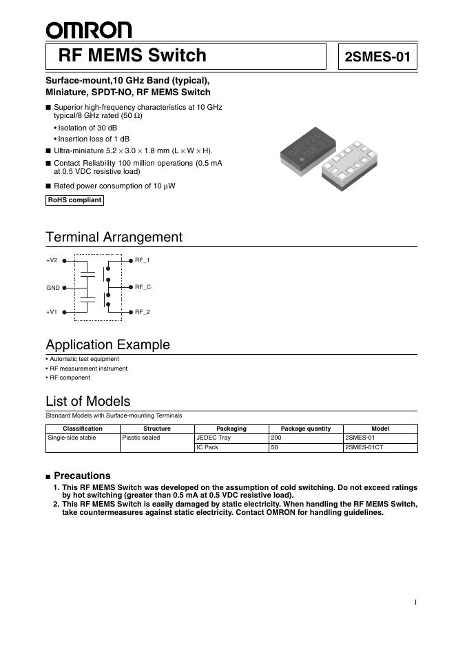 OMRON RF MEMS Switch 2SMES-01 说明书
