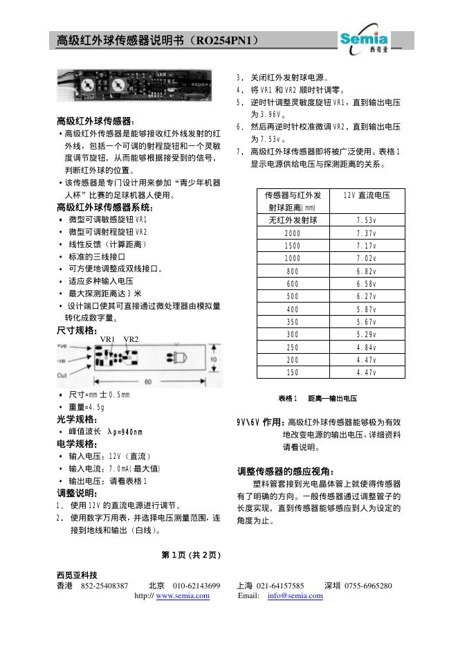 西觅亚 高级红外球传感器RO254PN1 说明书