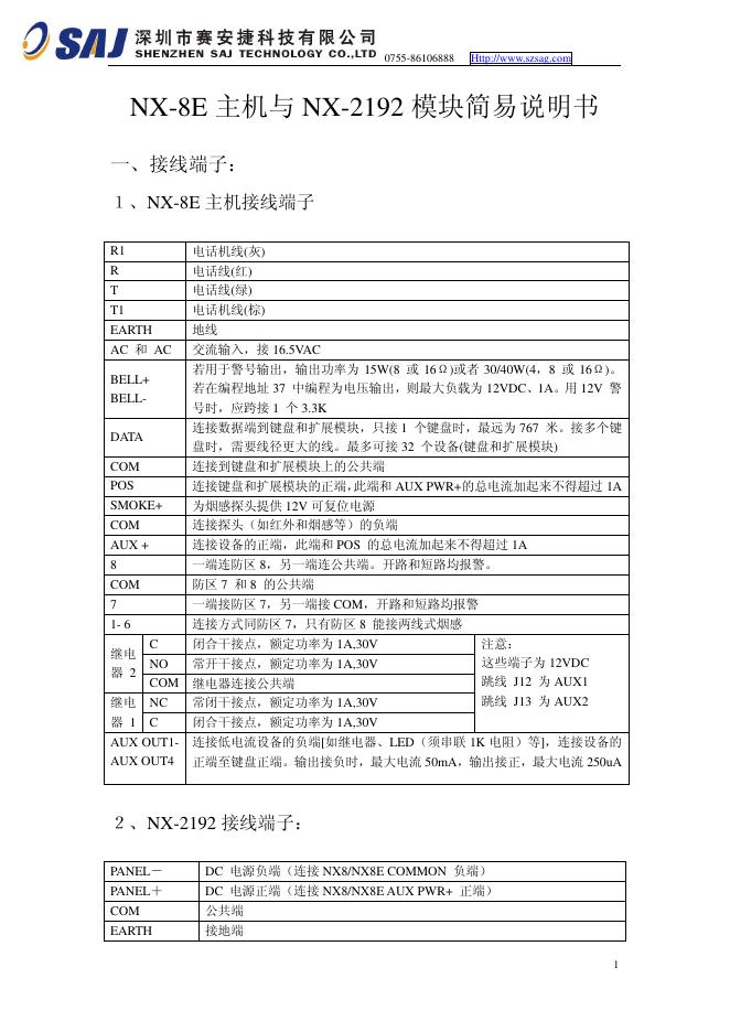 NX-8E 主机与 NX-2192 模块简易说明书