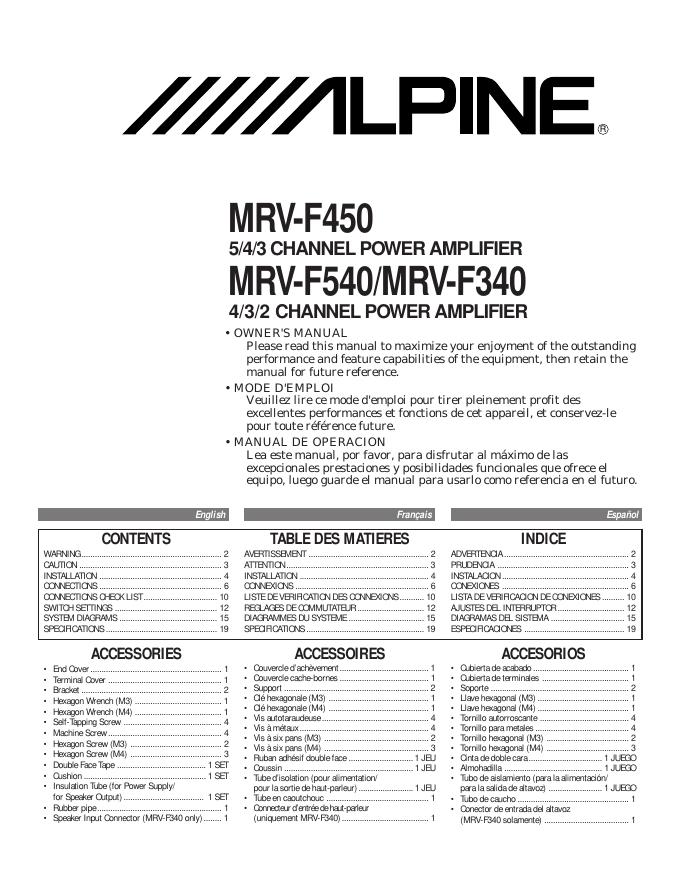 ALPINE MRV-F450 5/4/3 CHANNEL POWER AMPLIFIER MRV-F540/MRV-F340 4/3/2 CHANNEL POWER AMPLIFIER 说明书