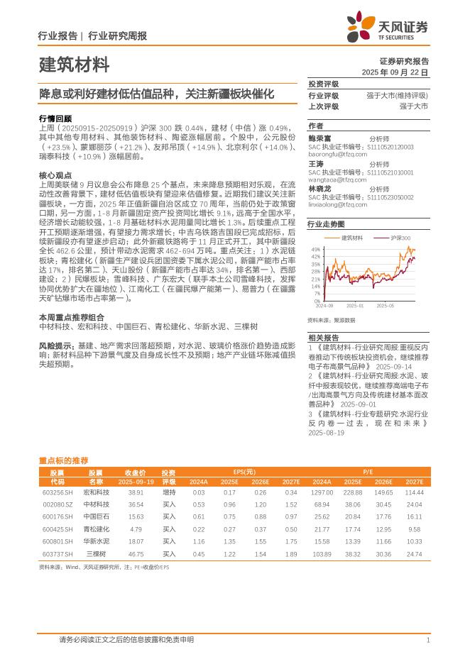 天风证券：建筑材料行业研究周报：降息或利好建材低估值品种，关注新疆板块催化海报