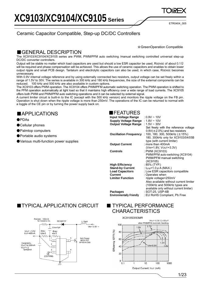 TOREX XC9103/XC9104/XC9105 Series Step-up DC/DC Controllers 说明书
