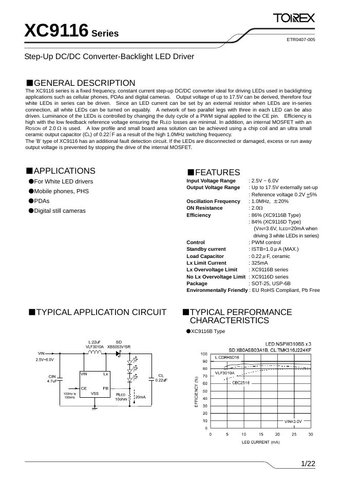 TOREX XC9116 Series Step-Up DC/DC Converter-Backlight LED Driver 说明书