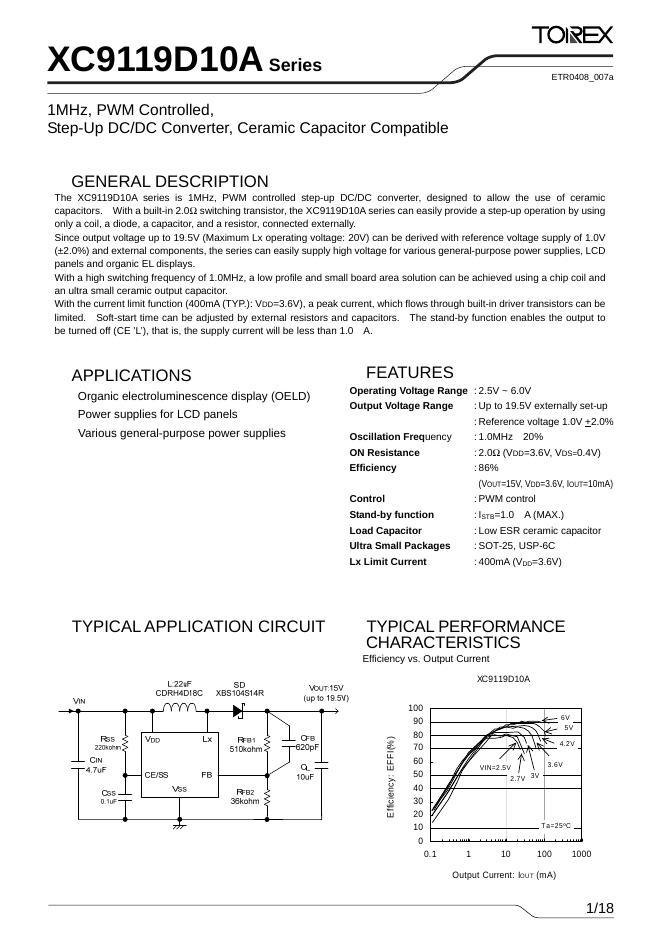 TOREX XC9119D10A Series Step-Up DC/DC Converter 说明书