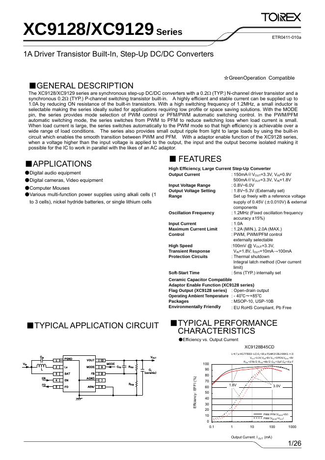 TOREX XC9128/XC9129 Series 1A Driver Transistor Built-In, Step-Up DC/DC Converters 说明书