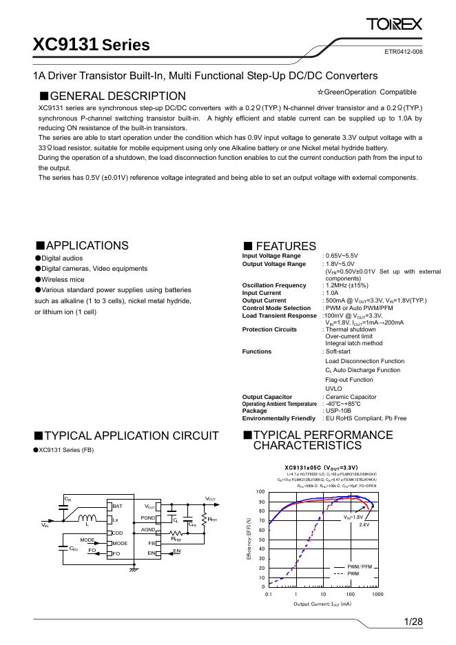 TOREX XC9131 Series 1A Driver Transistor Built-In, Multi Functional Step-Up DC/DC Converters 说明书