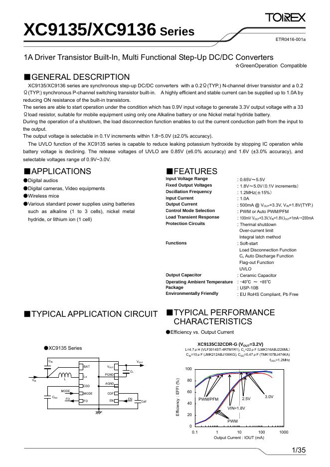 Torex XC9135/XC9136 Series 1A Driver Transistor Built-In, Multi Functional Step-Up DC/DC Converters 说明书