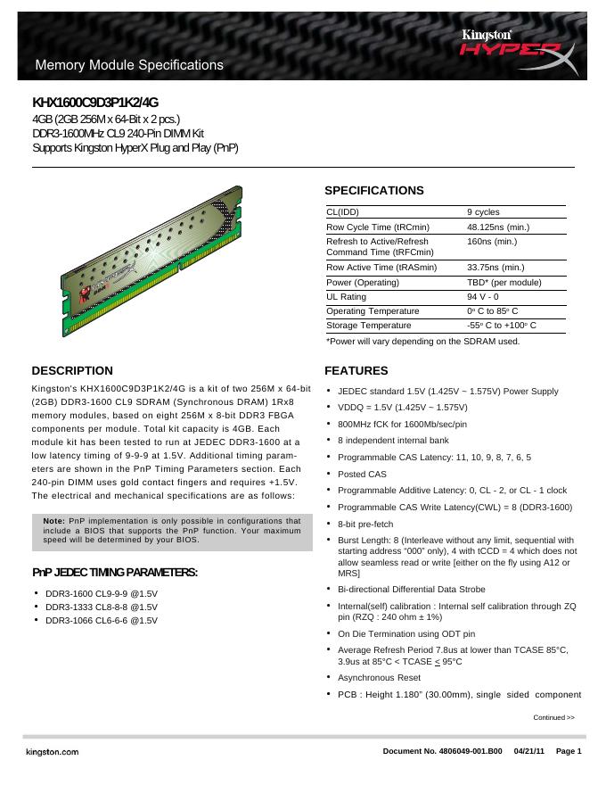 kingston KHX1600C9D3P1K2/4G 说明书