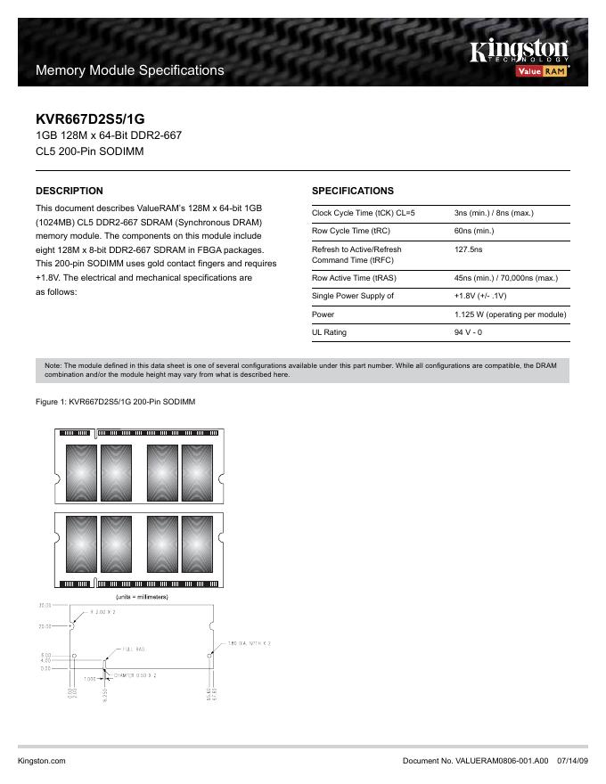 kingston Memory Module Specifications KVR667D2S5/1G 说明书