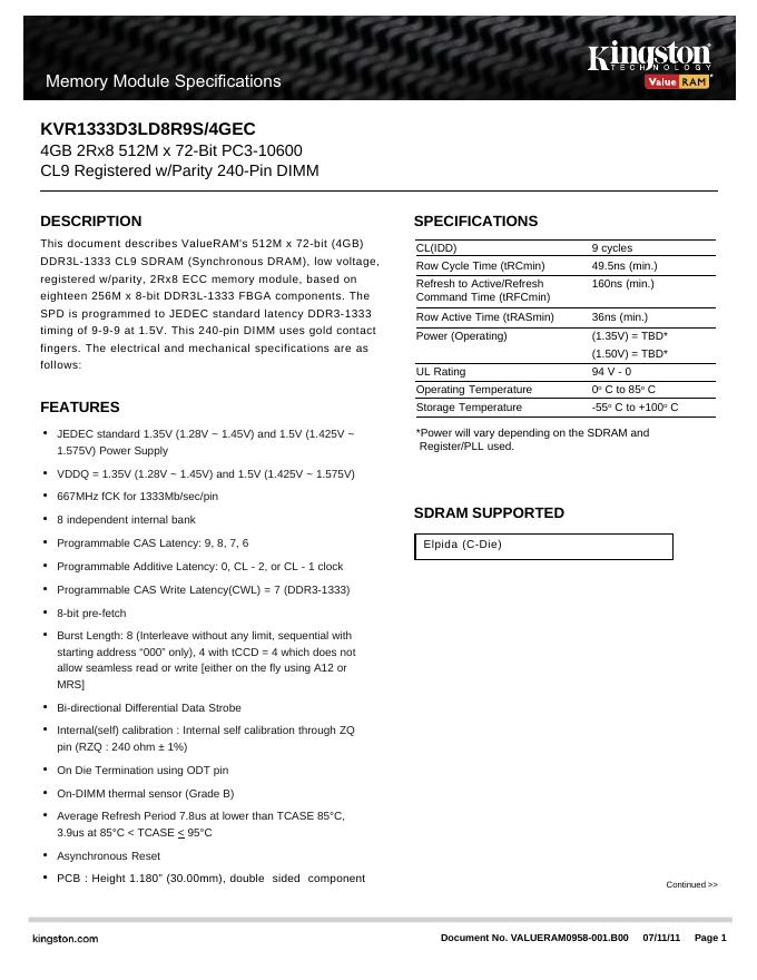 kingston KVR1333D3LD8R9S/4GEC 说明书