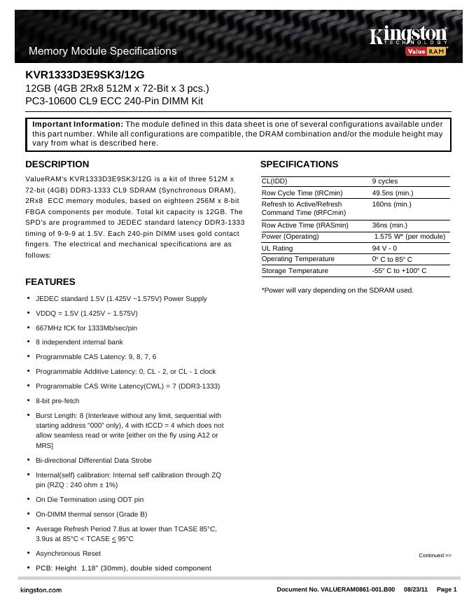 kingston KVR1333D3E9SK3/12G 说明书