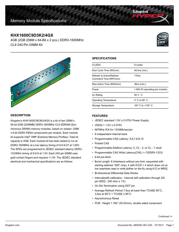 kingston Memory Module Specifications KHX1600C9D3K2/4GX 说明书