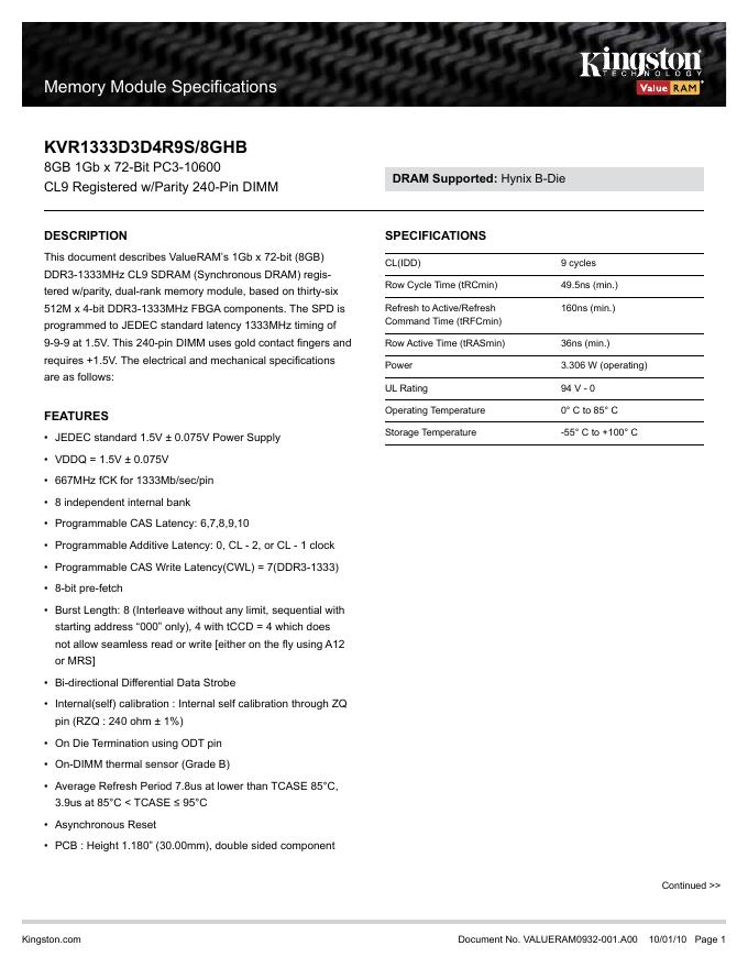 kingston Memory Module Specifications KVR1333D3D4R9S/8GHB 说明书