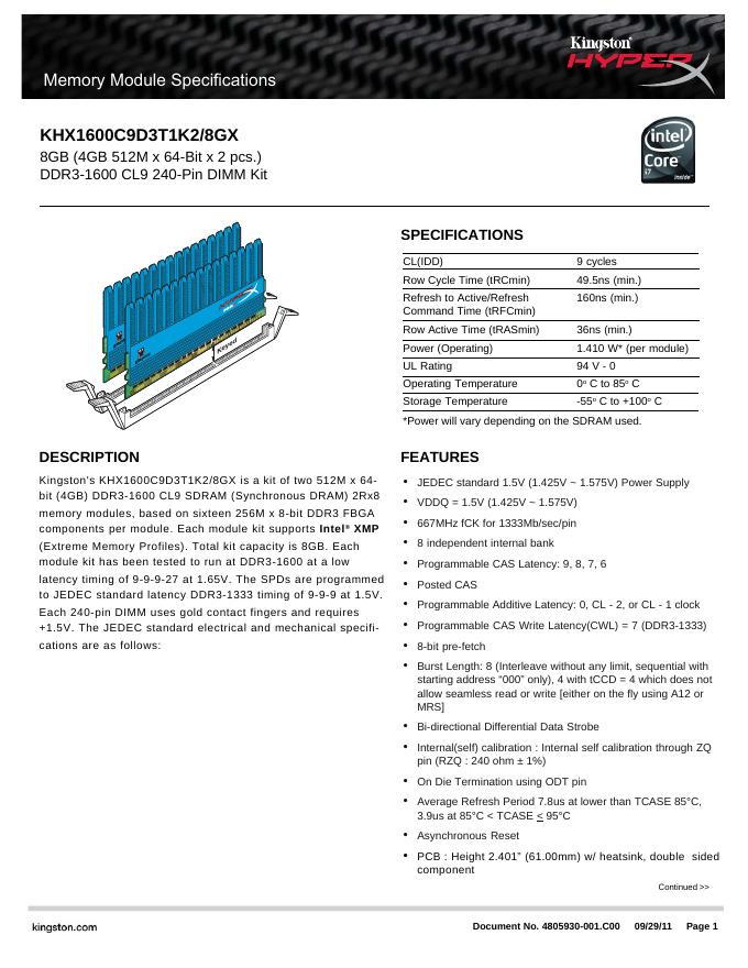 kingston Memory Module Specifications KHX1600C9D3T1K2/8GX 说明书