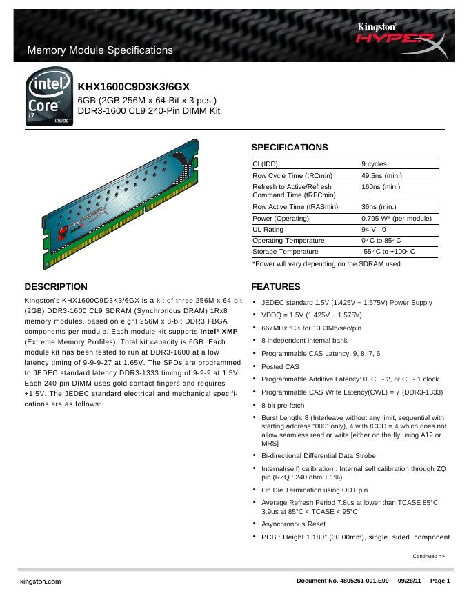 kingston Memory Module Specifications KHX1600C9D3K3/6GX 说明书