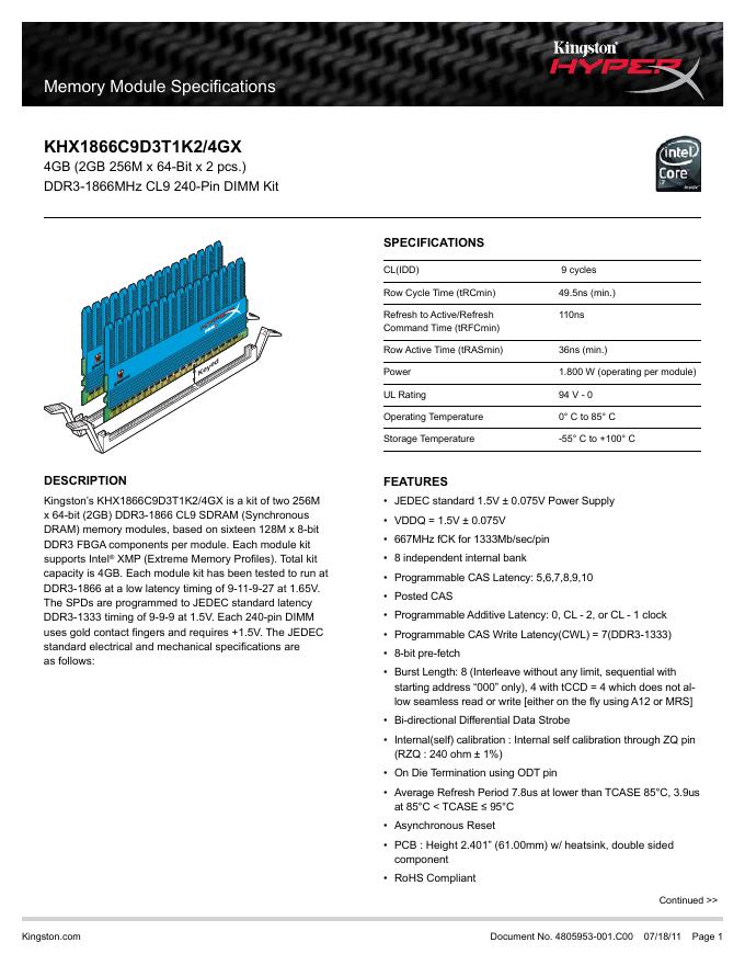 kingston Memory Module Specifications KHX1866C9D3T1K2/4GX 说明书