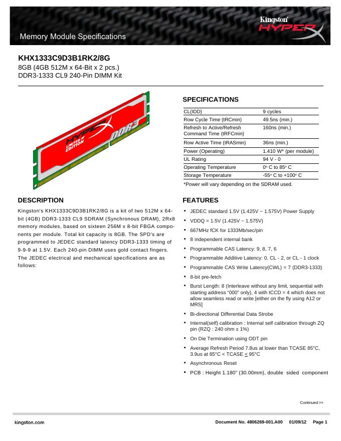 kingston KHX1333C9D3B1RK2/8G Memory Module Specifications 说明书
