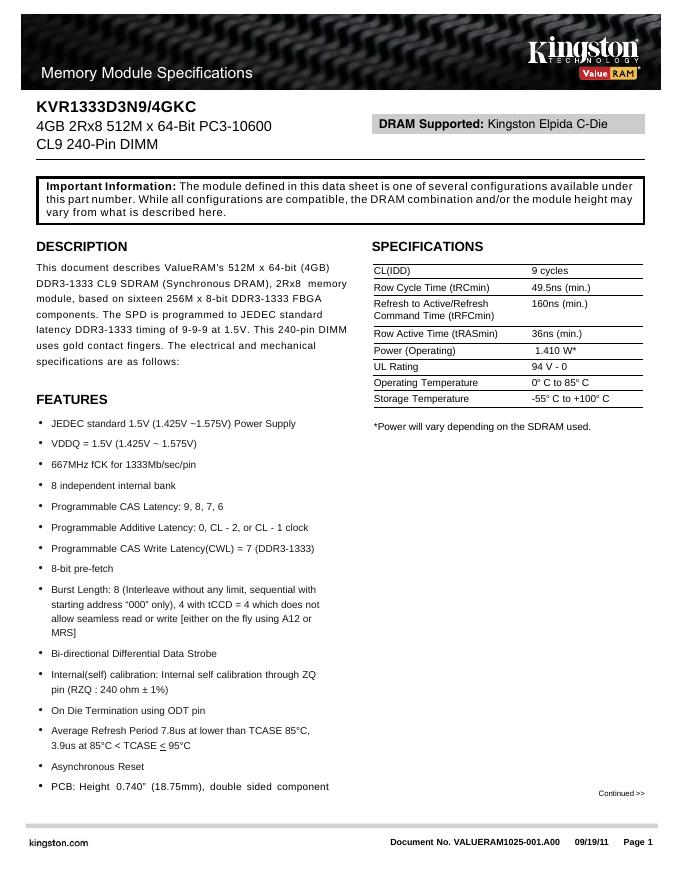 金士顿 KVR1333D3N9/4GKC 说明书