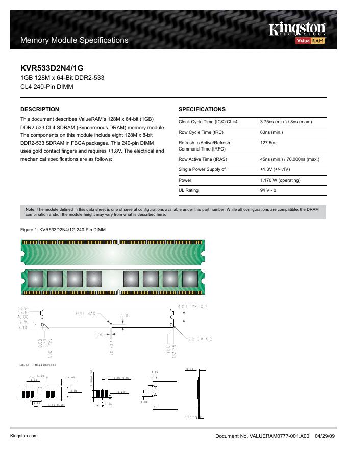 金士顿 KVR533D2N4/1G 说明书