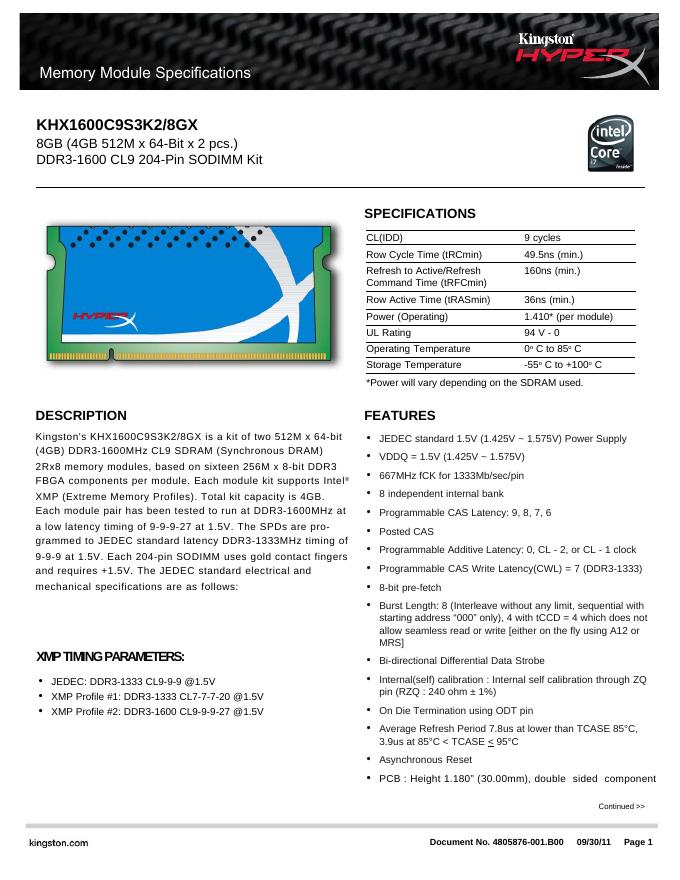 金士顿 KHX1600C9S3K2/8GX 说明书
