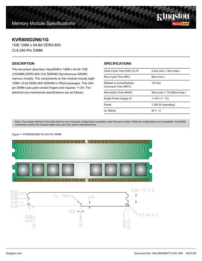 金士顿 KVR800D2N6/1G 说明书