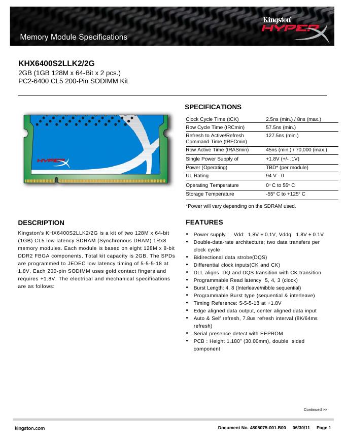 金士顿 KHX6400S2LLK2/2G 说明书
