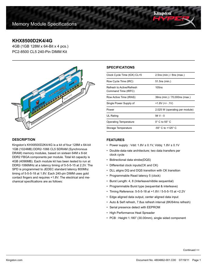 金士顿 KHX8500D2K4/4G 说明书