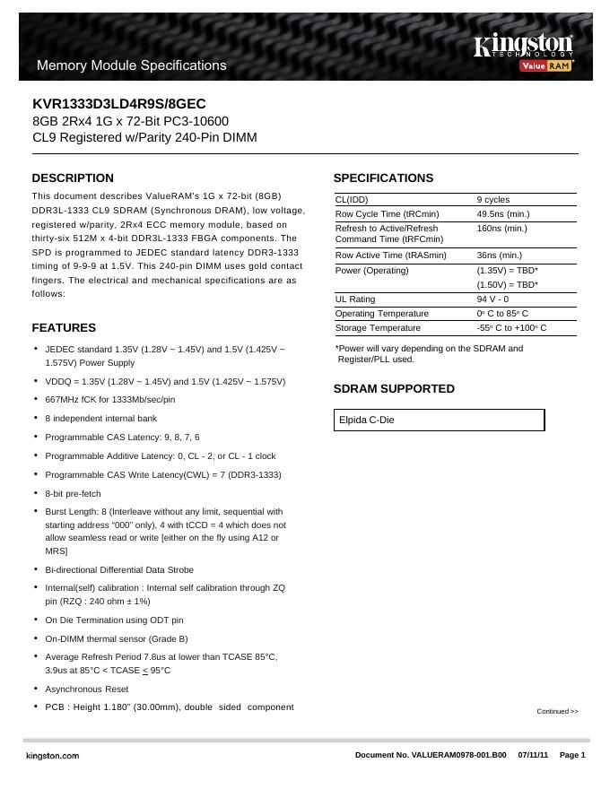 金士顿 KVR1333D3LD4R9S/8GEC 说明书