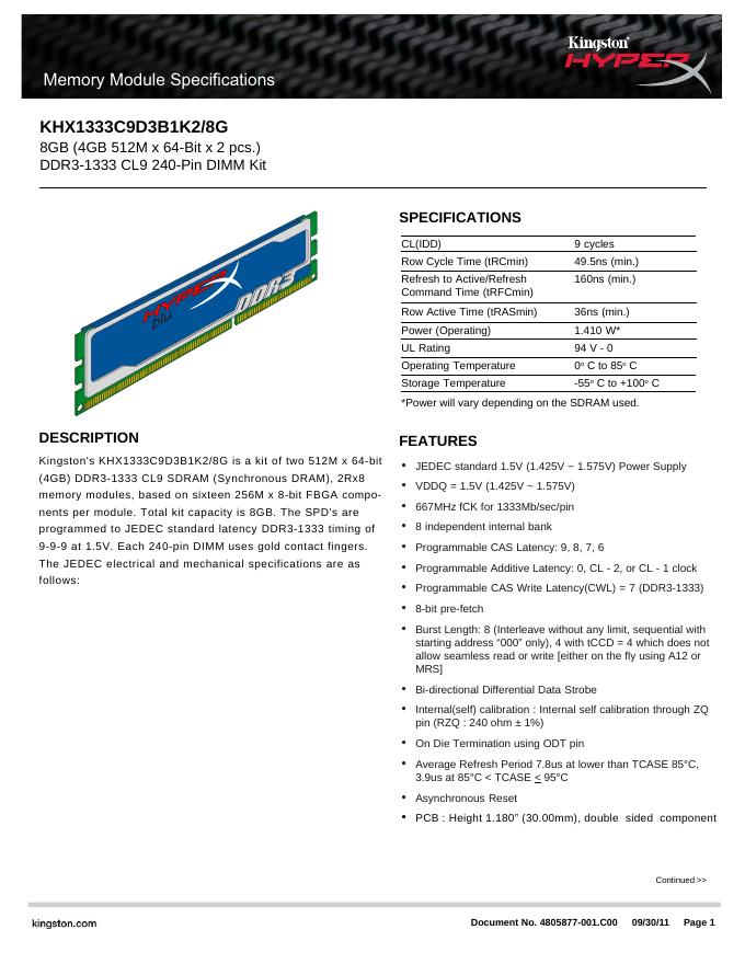 金士顿 KHX1333C9D3B1K2/8G 说明书