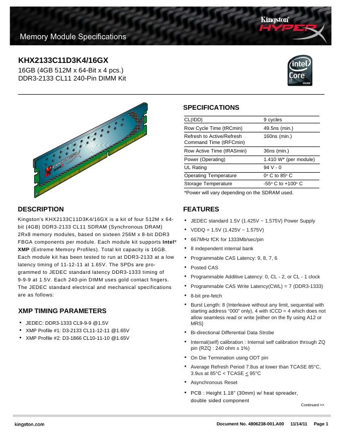 kingston Memory Module Specifications KHX2133C11D3K4/16GX 说明书