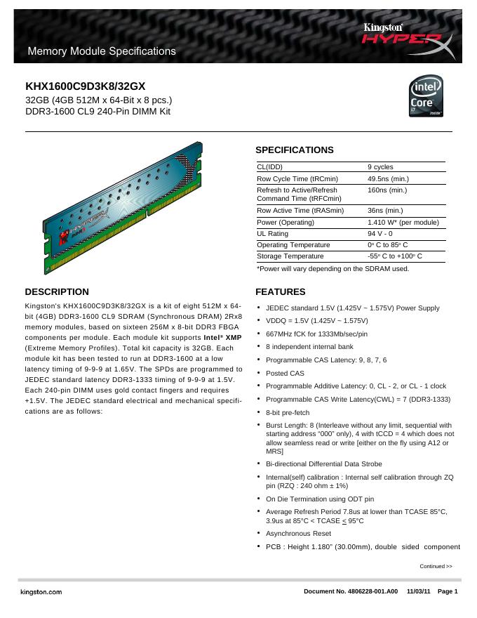kingston Memory Module Specifications KHX1600C9D3K8/32GX 说明书