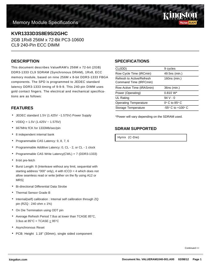 kingston Spec Sheet 说明书
