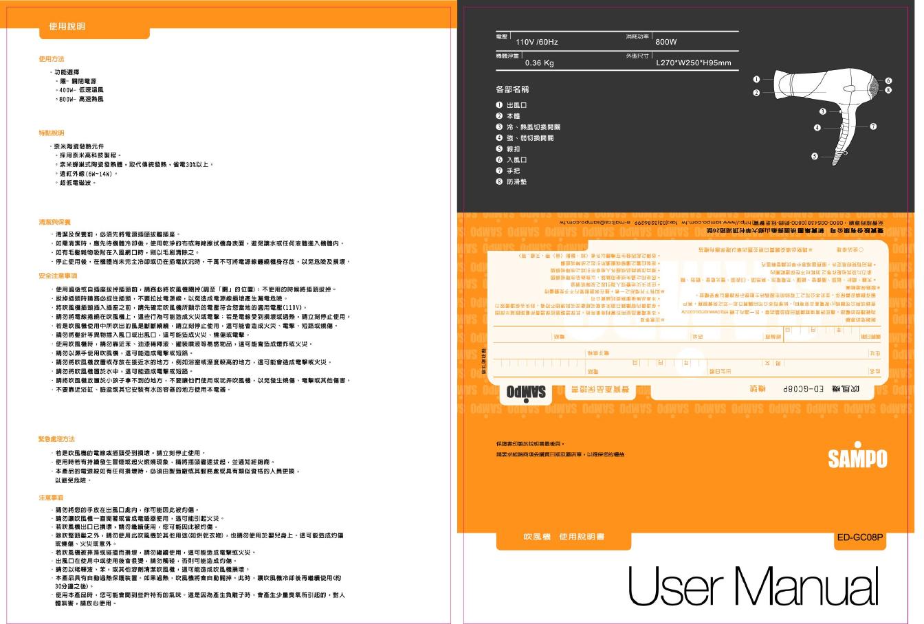 SAMPO ED-GC08P吹风机 使用说明书