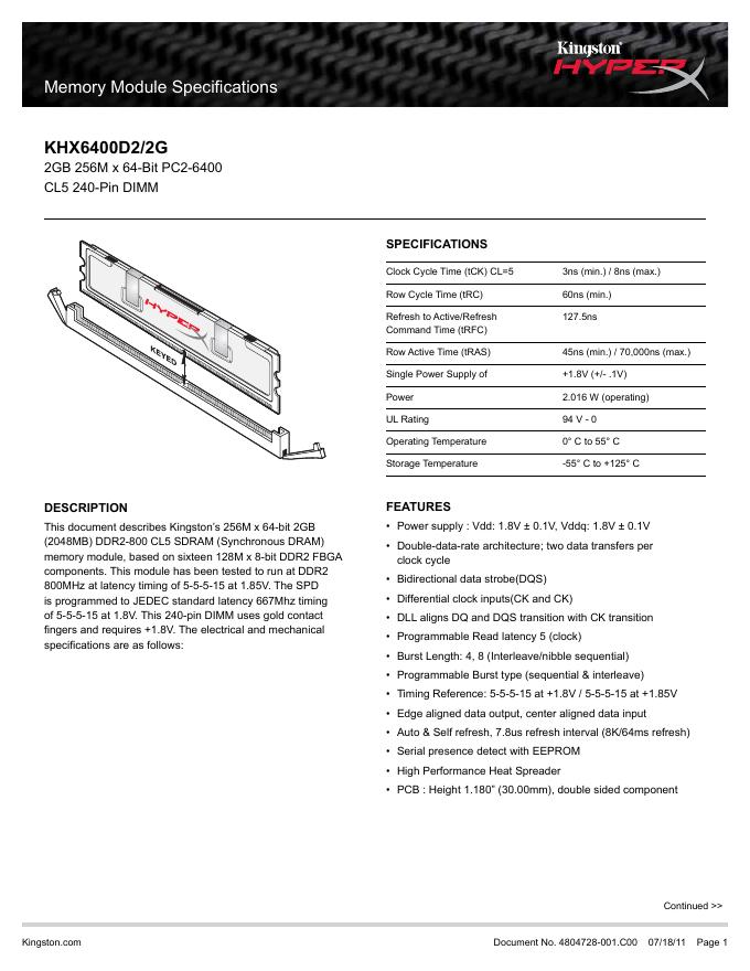 kingston Memory Module Specifications KHX6400D2/2G 说明书