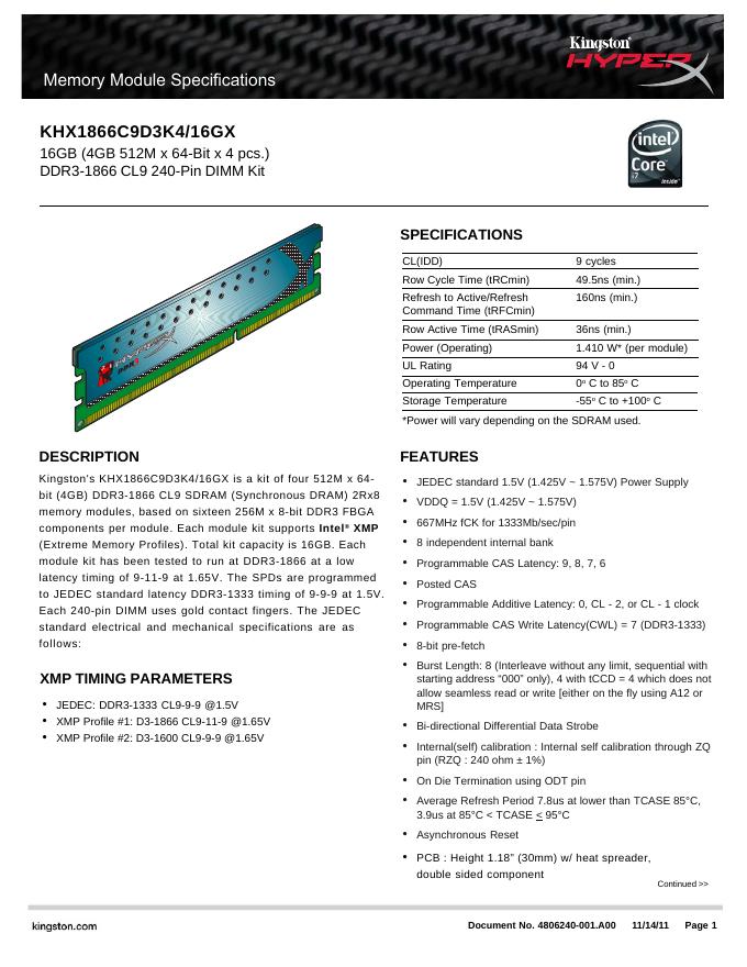 kingston Memory Module Specifications KHX1866C9D3K4/16GX 说明书