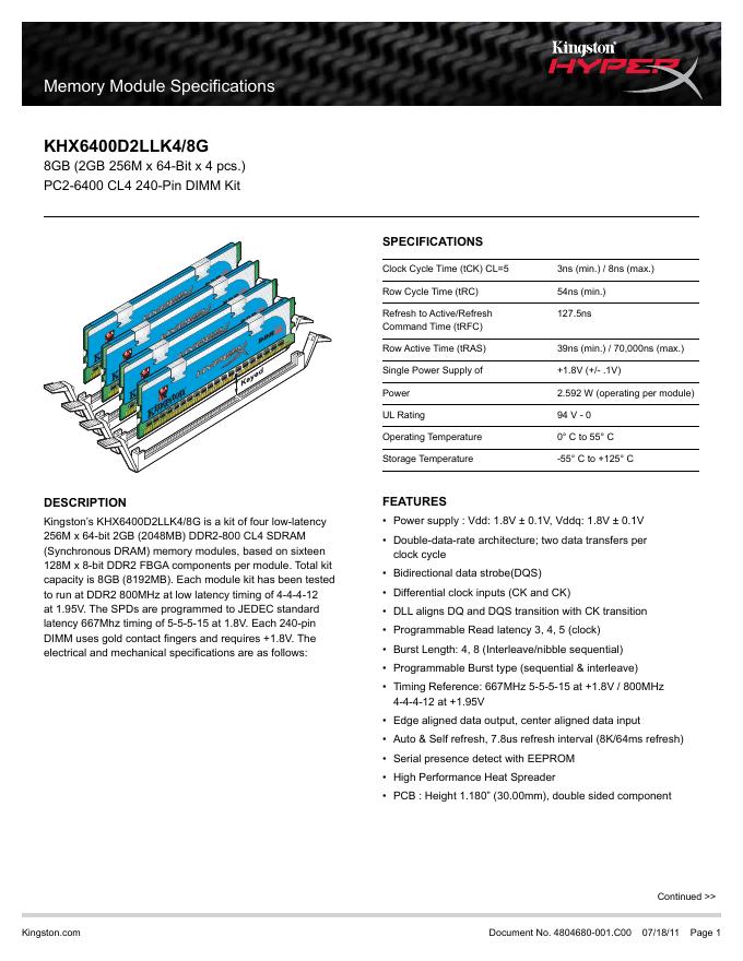 kingston Memory Module Specifications KHX6400D2LLK4/8G 说明书