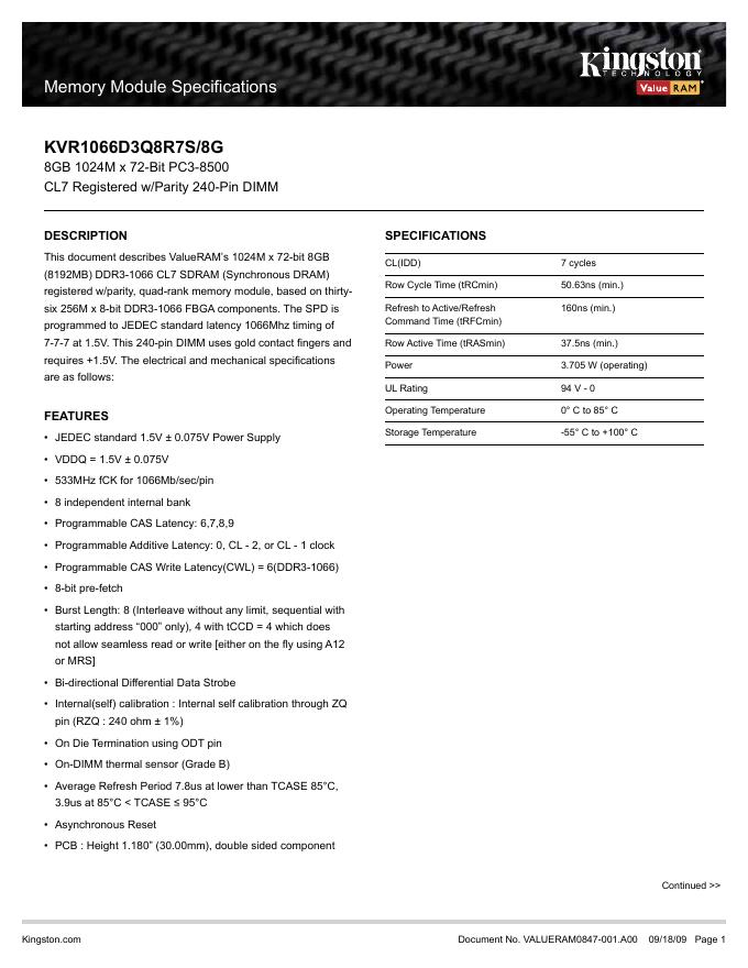 kingston Memory Module Specifications KVR1066D3Q8R7S/8G 说明书
