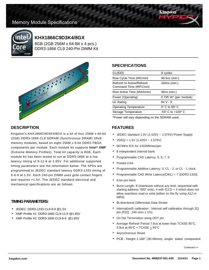 kingston Memory Module Specifications KHX1866C9D3K4/8GX 说明书