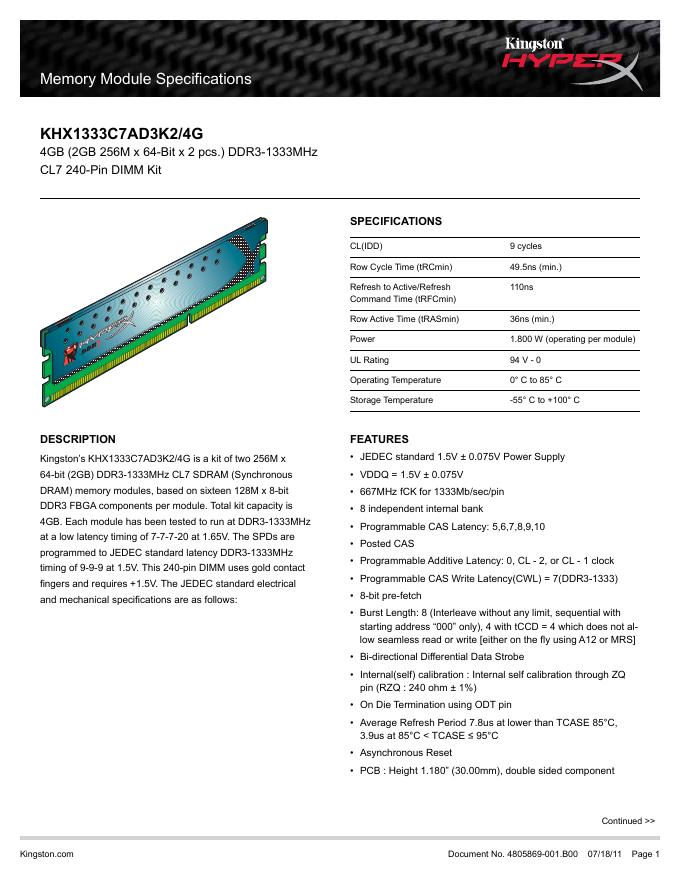 kingston Memory Module Specifications KHX1333C7AD3K2/4G 说明书