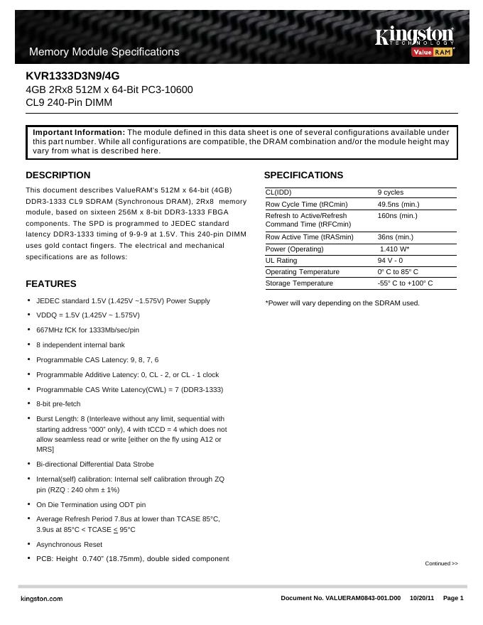 kingston KVR1333D3N9/4G 说明书
