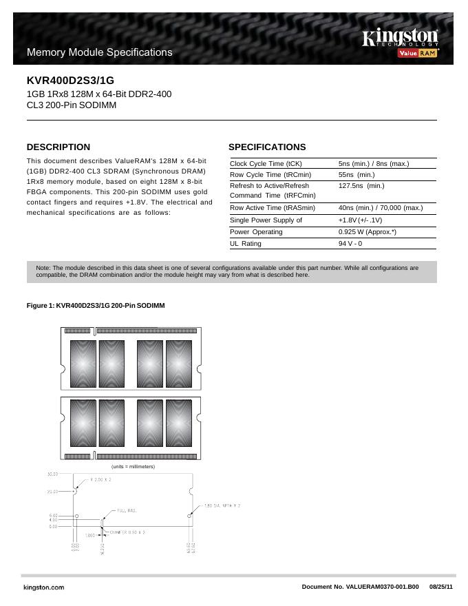 kingston KVR400D2S3/1G 说明书