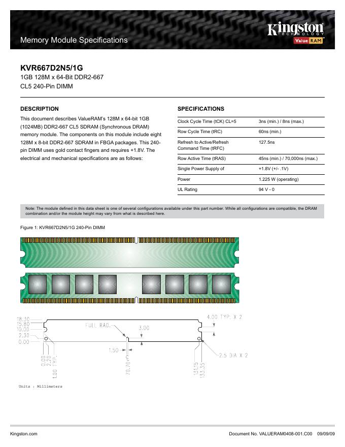 kingston Memory Module Specifications KVR667D2N5/1G 说明书