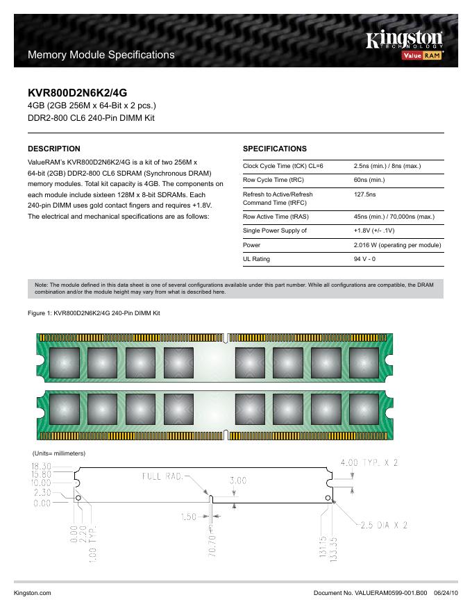 kingston KVR800D2N6K2/4G 说明书