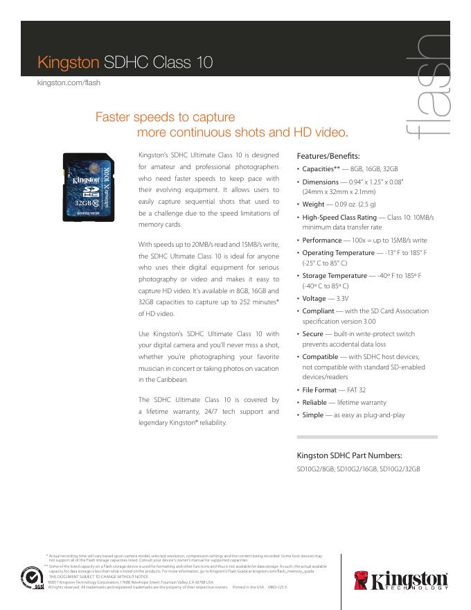Kingston SDHC Class 10 说明书