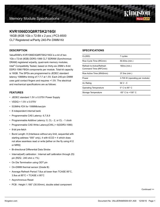 kingston Memory Module Specifications KVR1066D3Q8R7SK2/16GI 说明书