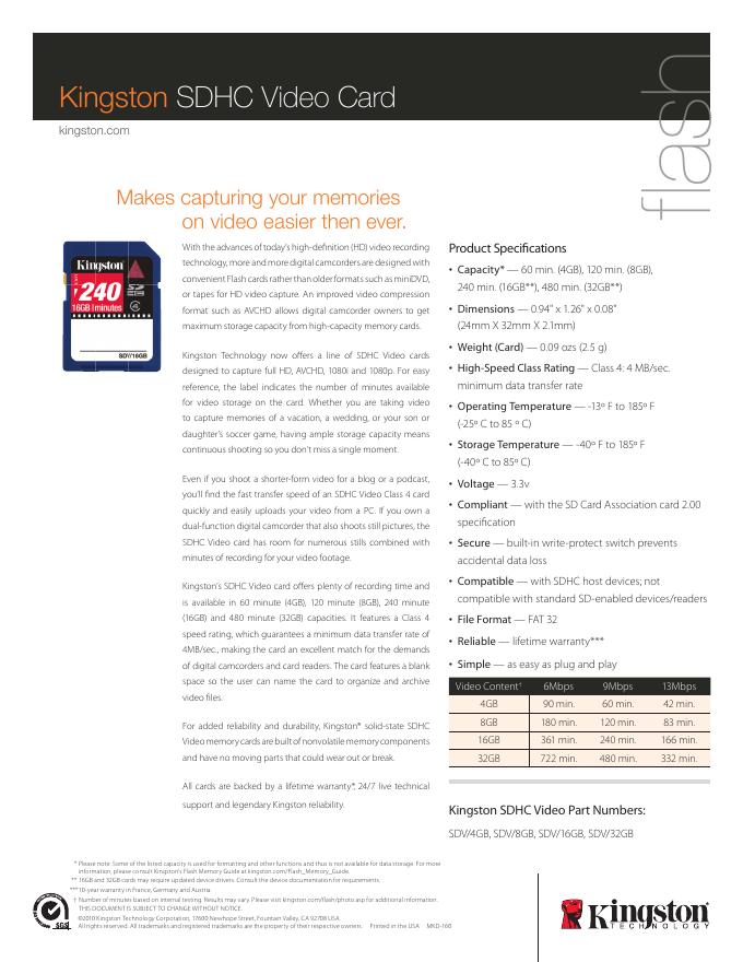 Kingston SDHC Video Card 说明书