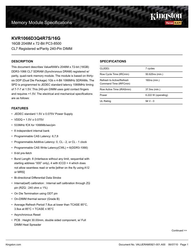kingston Memory Module Specifications KVR1066D3Q4R7S/16G 说明书