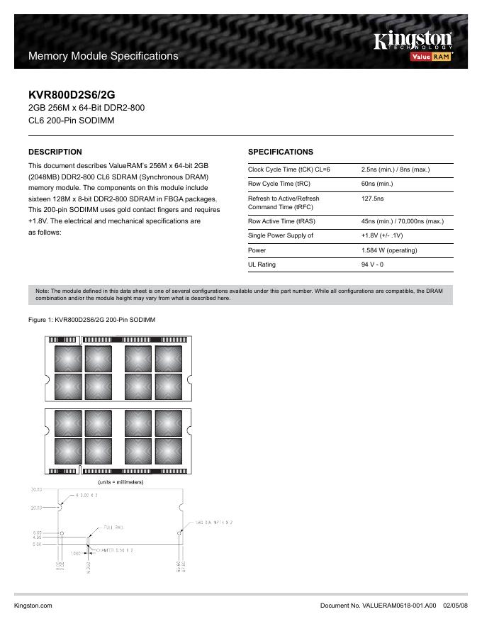 金士顿 KVR800D2S6/2G内存 说明书