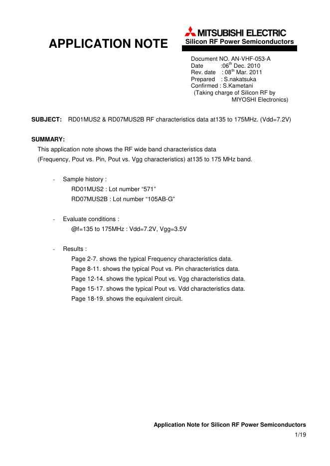 MITSUBISHI ELECTRIC RD01MUS2 & RD07MUS2B RF characteristics data at135 to 175MHz. (Vdd=7.2V) 说明书